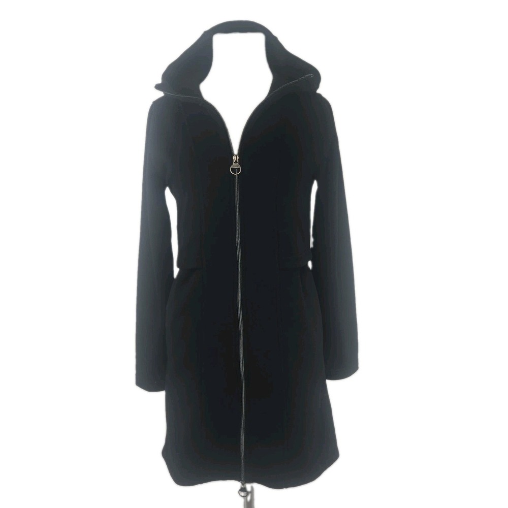 ATHLETA Women's XXS Black Long‎ Length Ribbed Double Zip Hooded Jacket Pockets